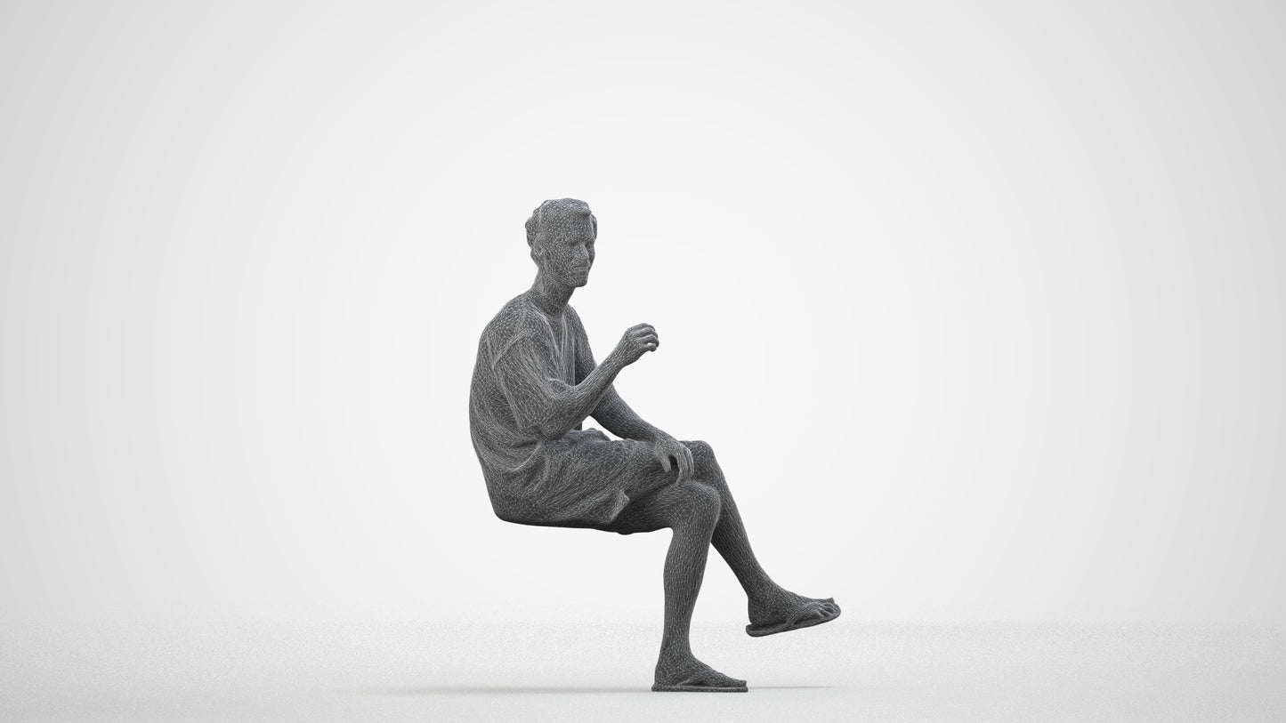 realistic 3D man casual sitting, scanned archviz people for Blender and 3ds Max, wireframe side view