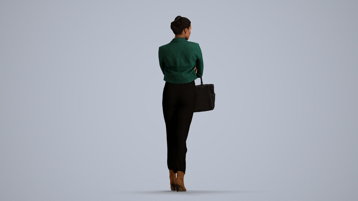 3D human model woman business standing, photogrammetry scanned person for archviz, front view render
