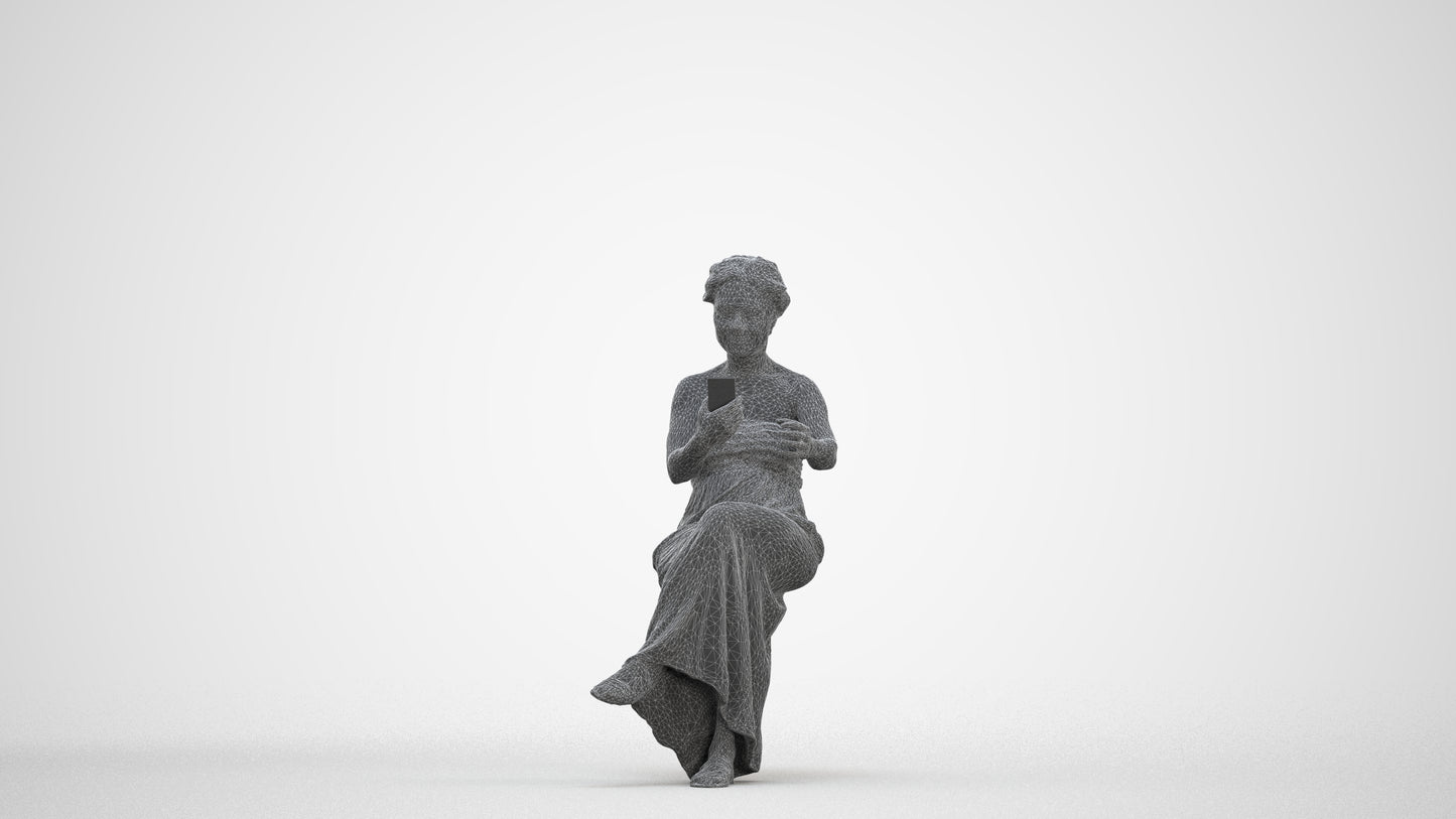 realistic 3D human woman casual sitting, archviz people FBX OBJ for Blender, three-quarter front view render