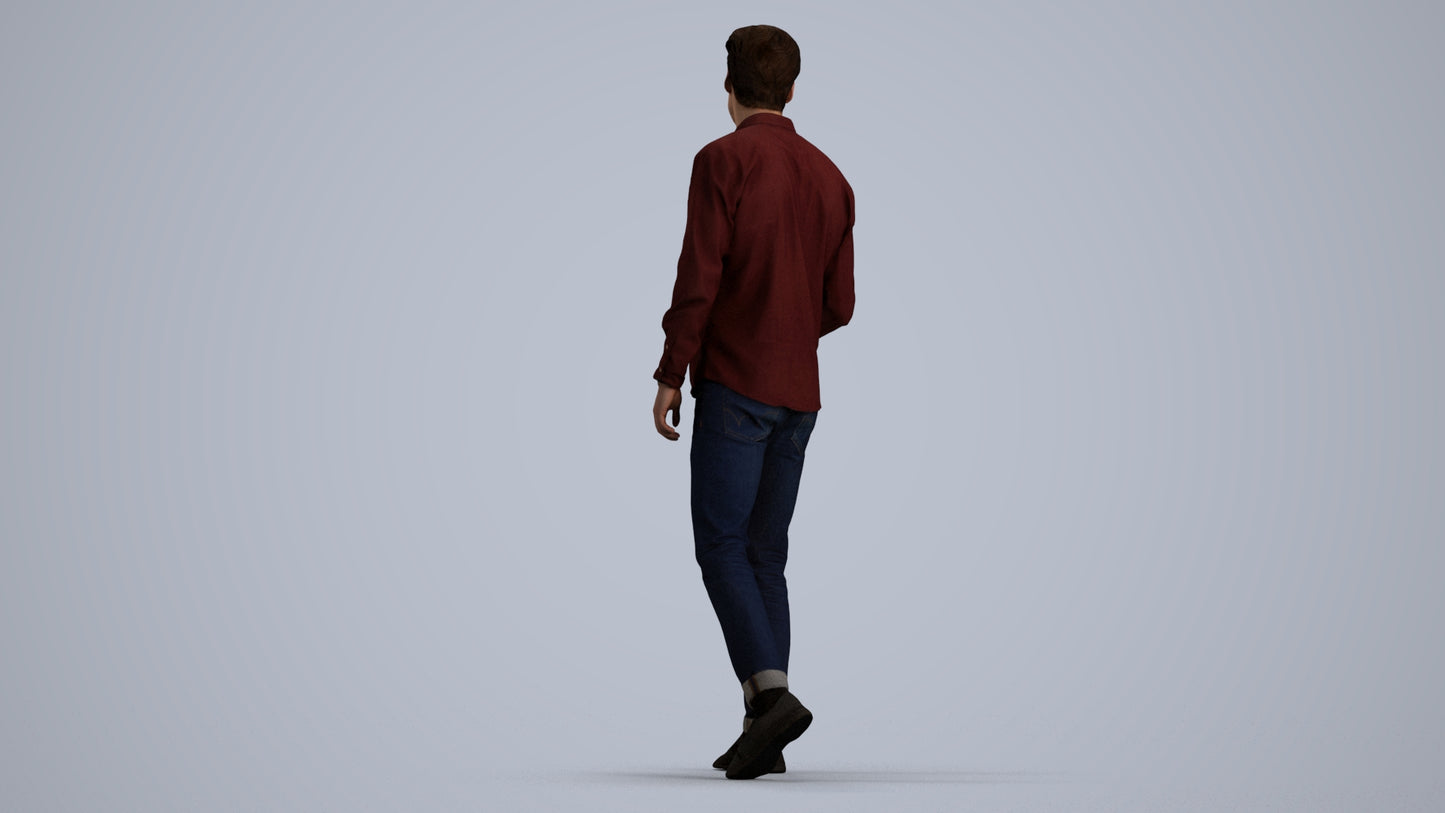 3D human model man casual walking, photogrammetry scanned person for archviz, front view render