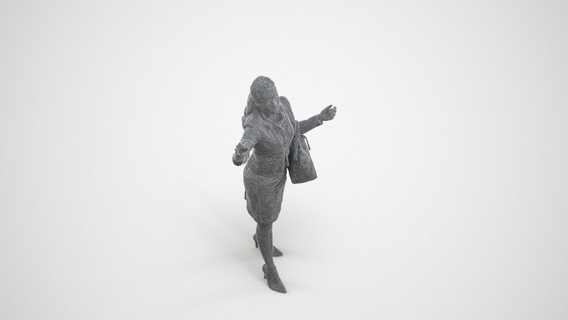 3D human model woman business standing, photogrammetry scanned person for archviz, wireframe three-quarter view
