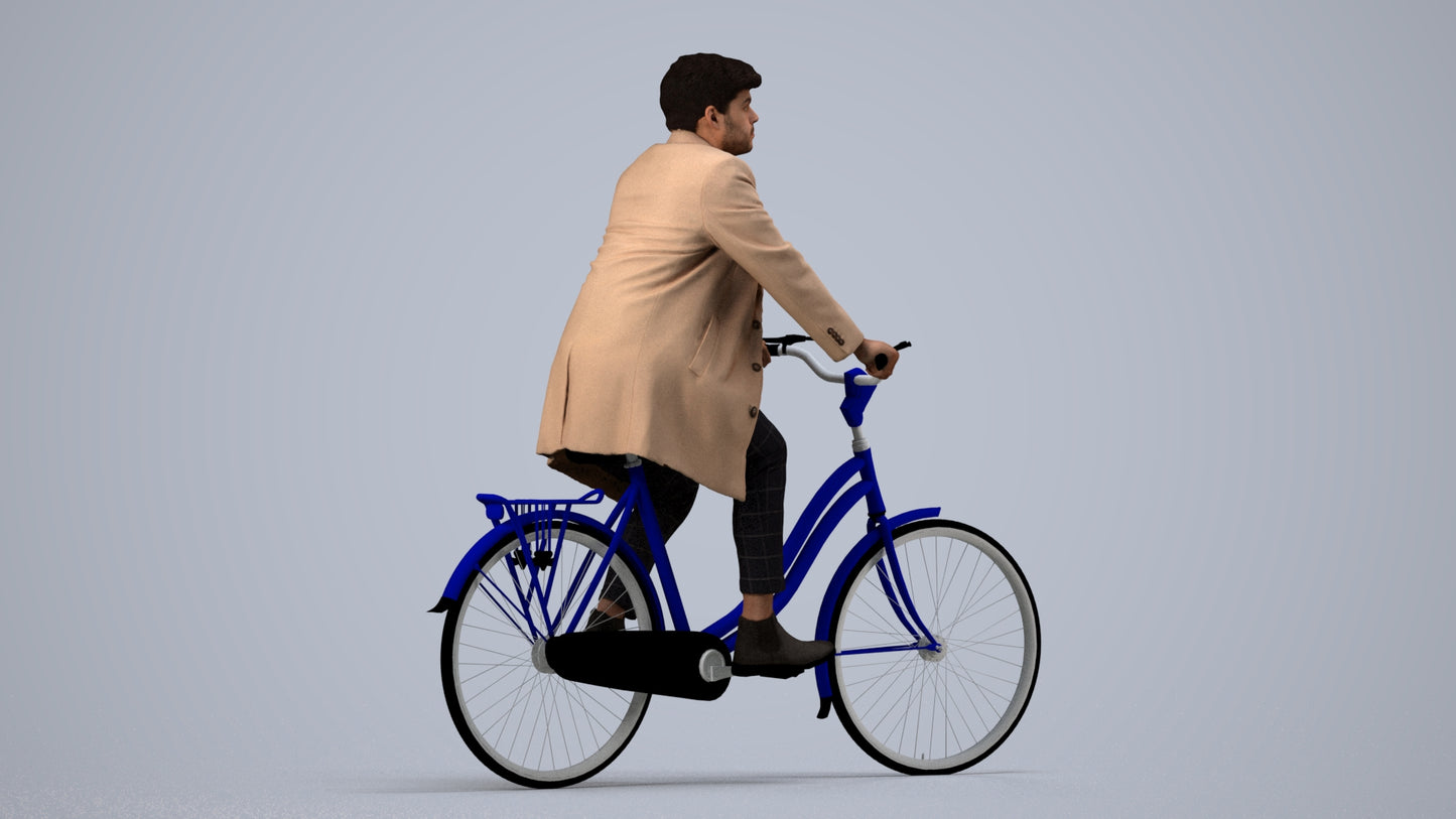 3D scanned man cycling business, photorealistic archviz people for Enscape and SketchUp, side view render