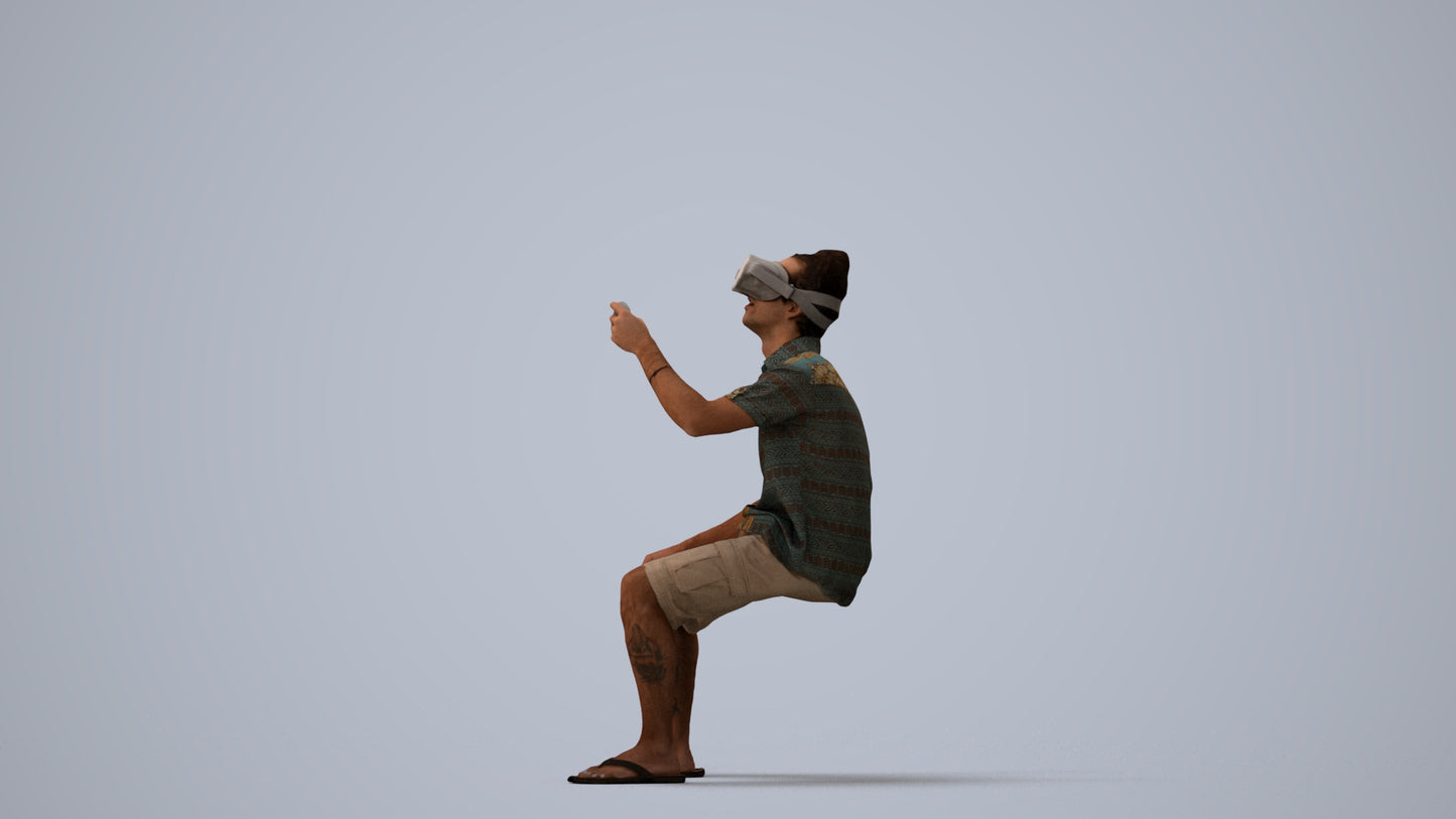 realistic 3D man casual sitting, scanned archviz people for Blender and 3ds Max, three-quarter view render