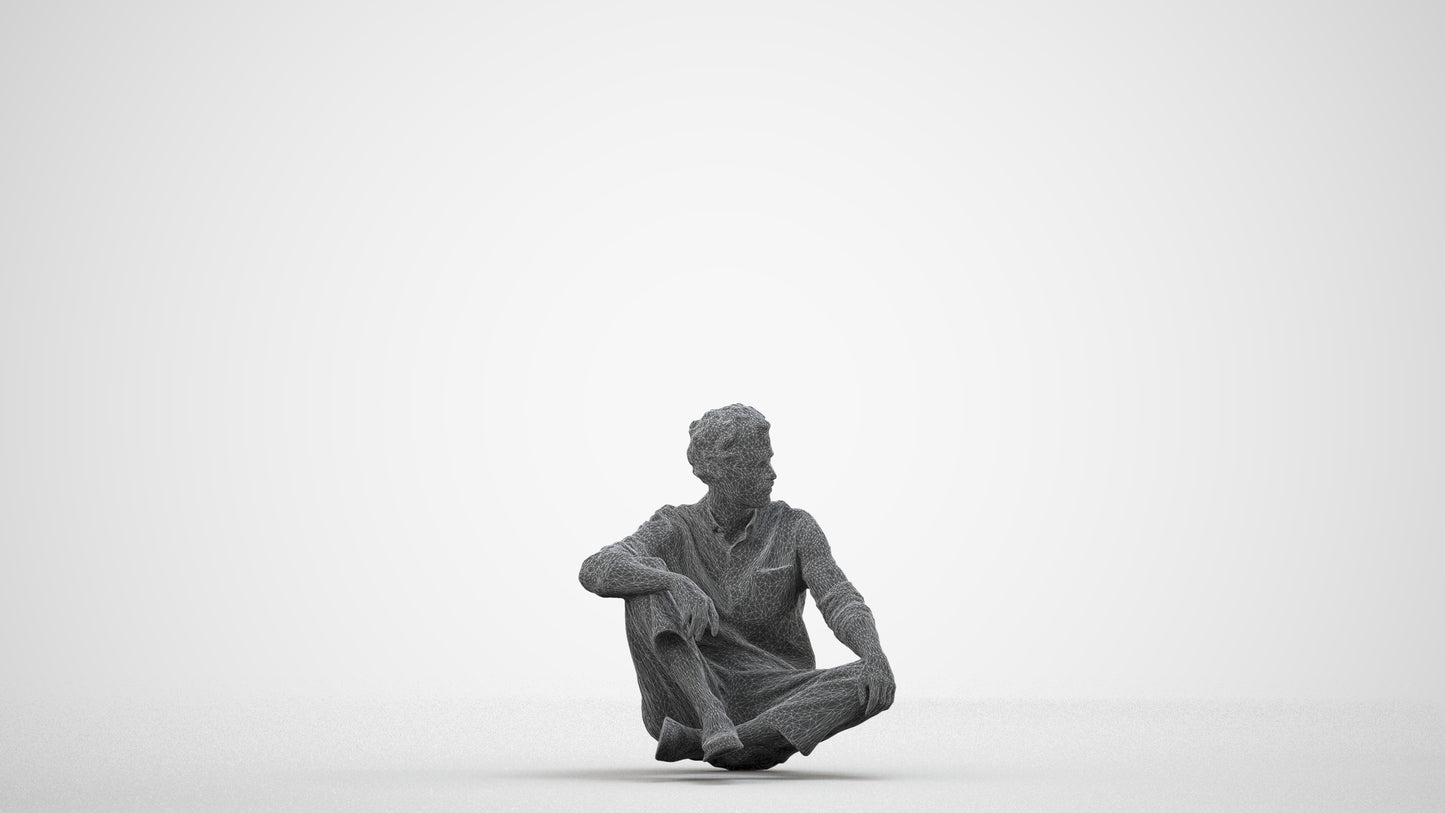 scanned 3D man casual sitting, photogrammetry people for Enscape and V-Ray, wireframe side view