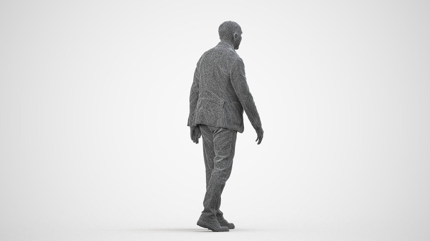 3D scanned senior man walking business, photorealistic archviz people for Enscape and SketchUp, wireframe side view