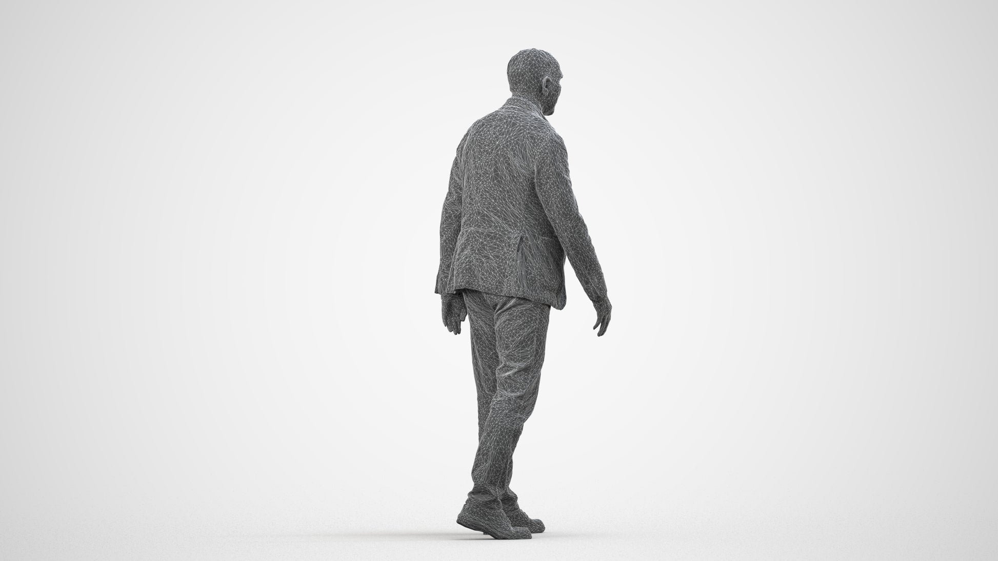 3D scanned senior man walking business, photorealistic archviz people for Enscape and SketchUp, wireframe side view