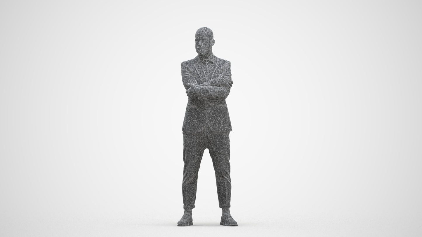 3D human model man business, photogrammetry scanned person for archviz, three-quarter front view render