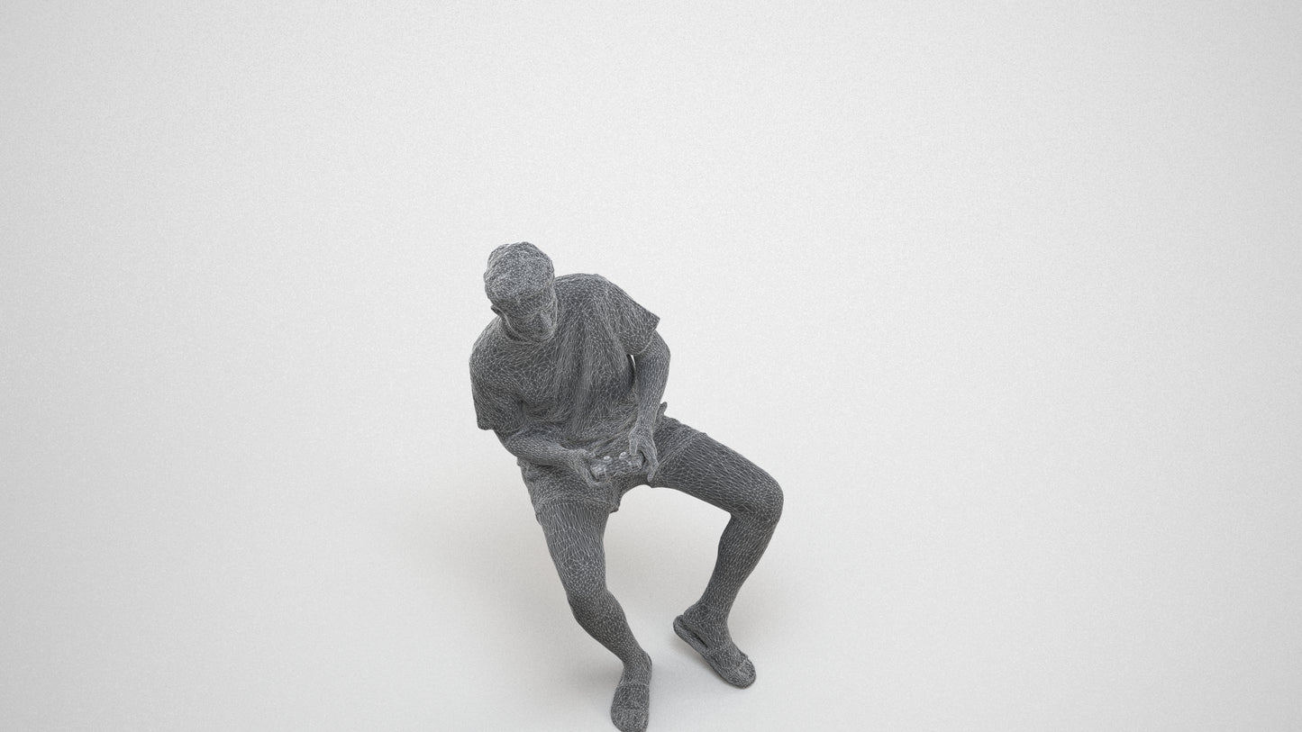 realistic 3D human man casual sitting, archviz people FBX OBJ for Blender, wireframe three-quarter view