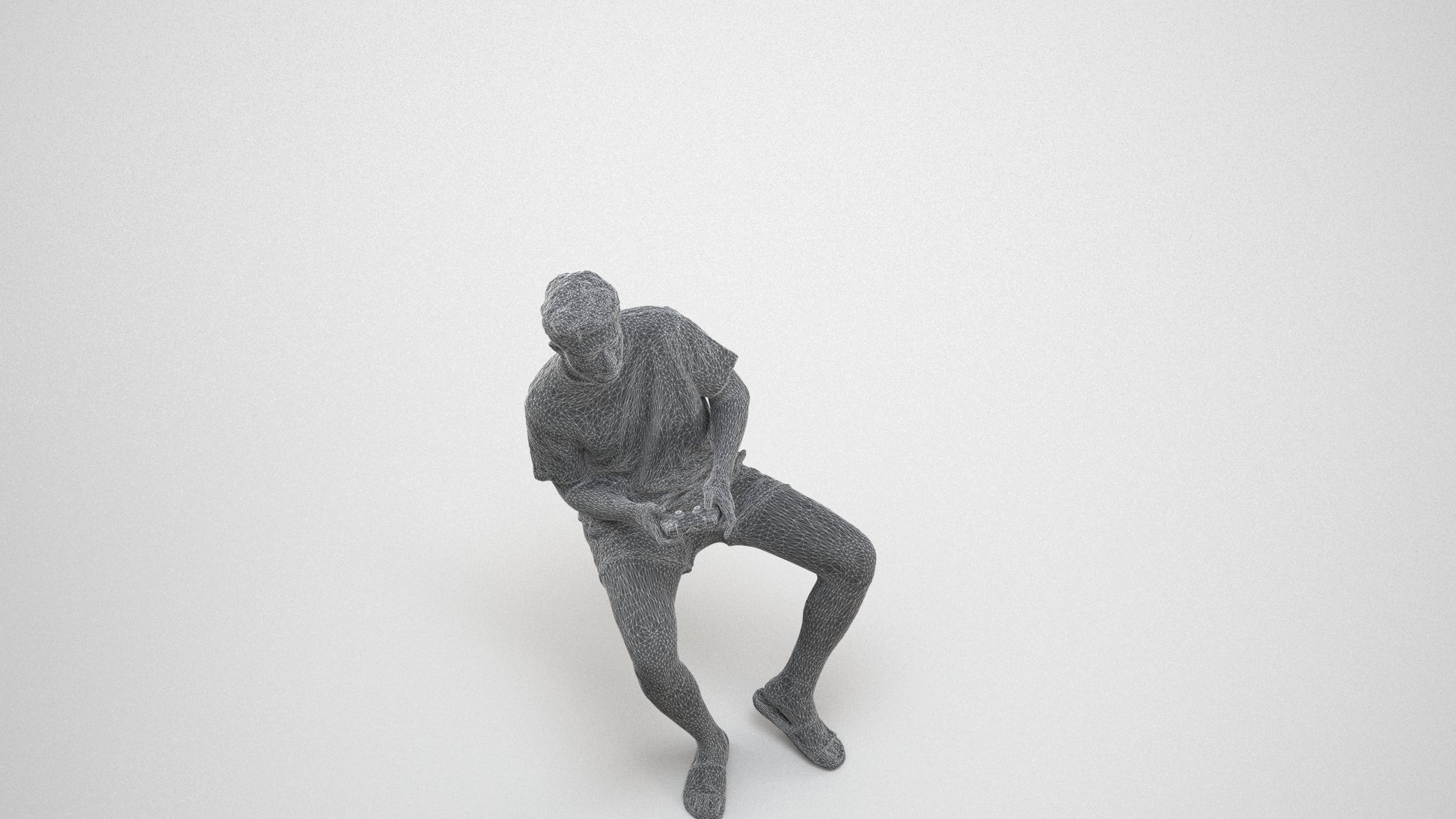 realistic 3D human man casual sitting, archviz people FBX OBJ for Blender, wireframe three-quarter view