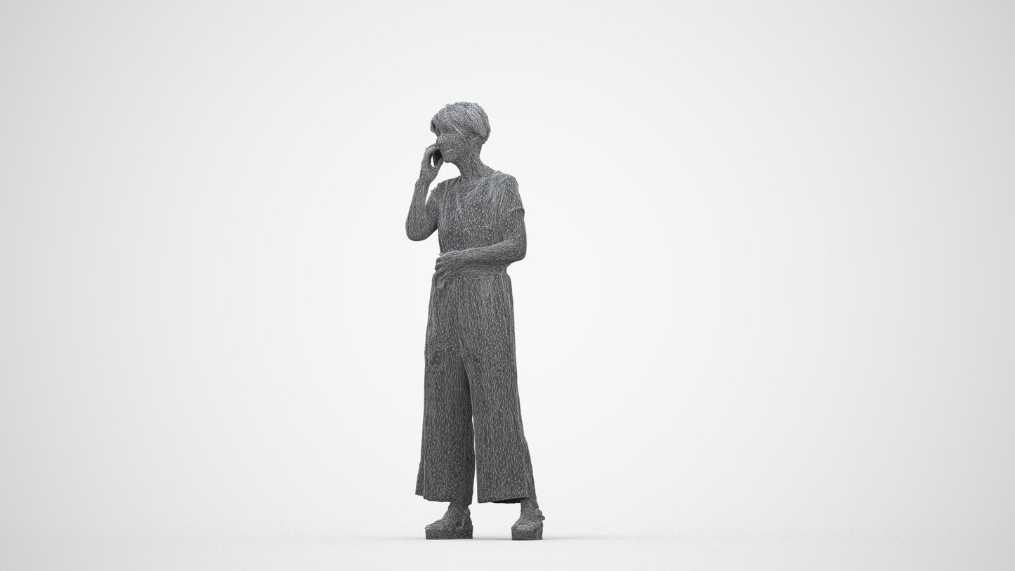 realistic 3D senior woman casual standing, scanned archviz people for Blender and 3ds Max, wireframe back view