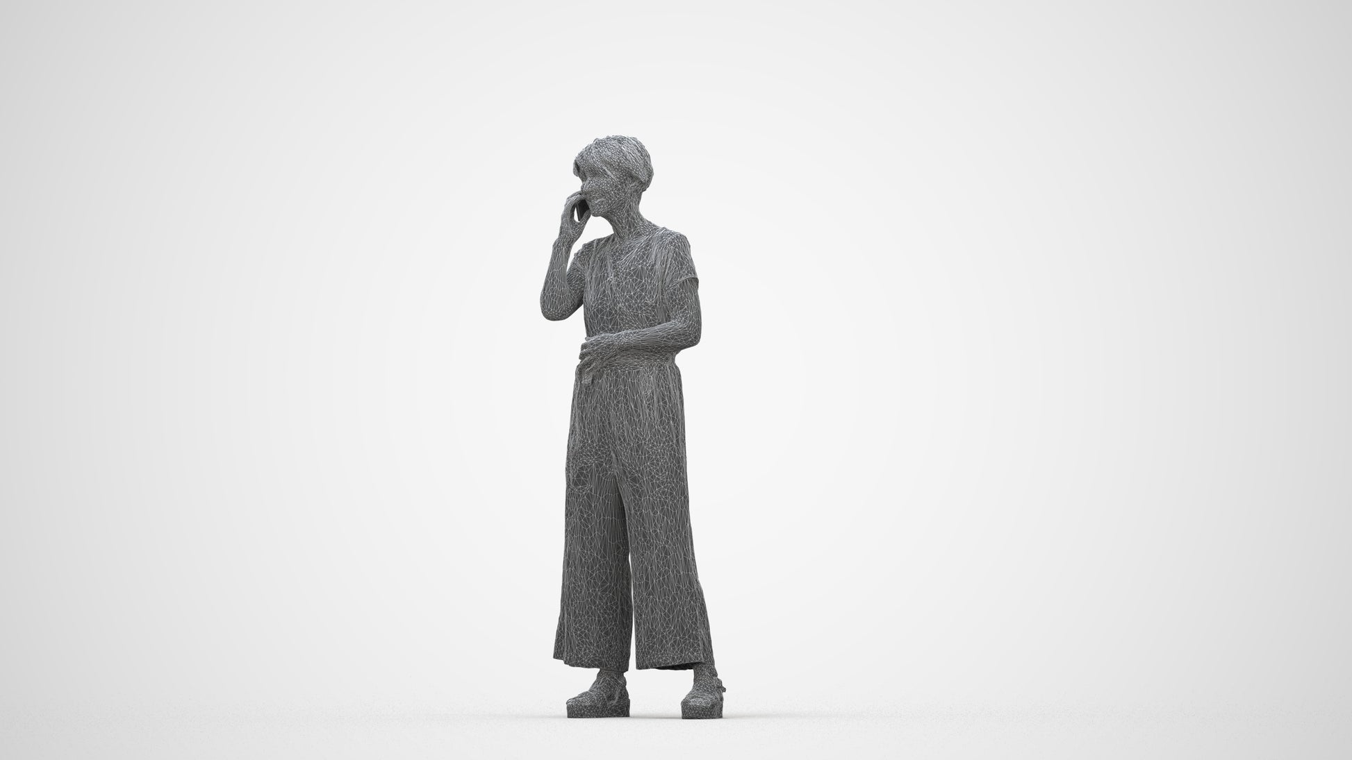 realistic 3D senior woman casual standing, scanned archviz people for Blender and 3ds Max, wireframe back view