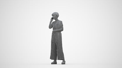 realistic 3D senior woman casual standing, scanned archviz people for Blender and 3ds Max, wireframe back view