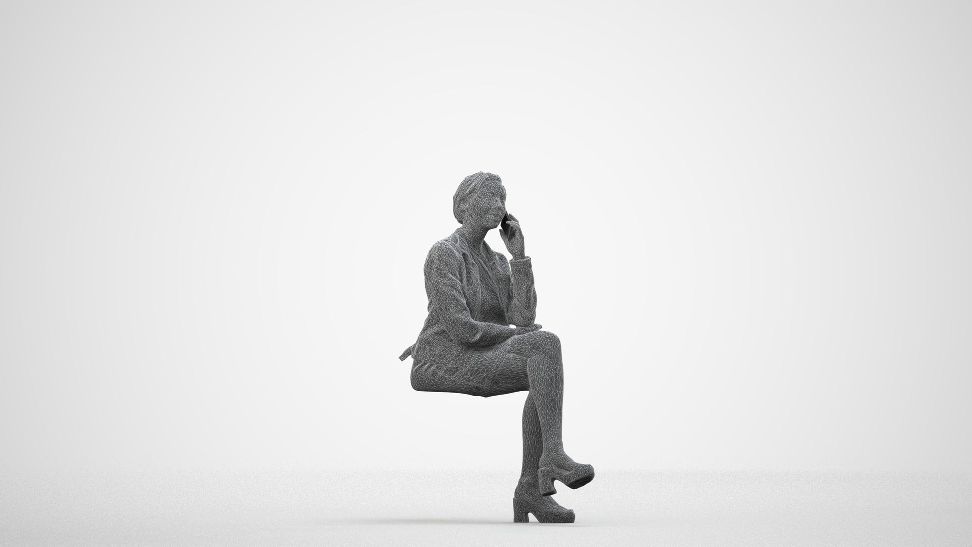 3D human model woman casual sitting, photogrammetry scanned person for archviz, wireframe side view