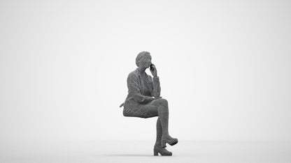 3D human model woman casual sitting, photogrammetry scanned person for archviz, wireframe side view