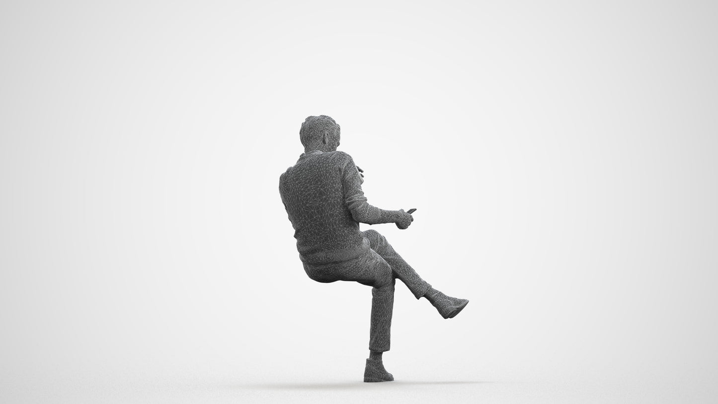 photogrammetry 3D man casual sitting, realistic human model archviz FBX, wireframe front view