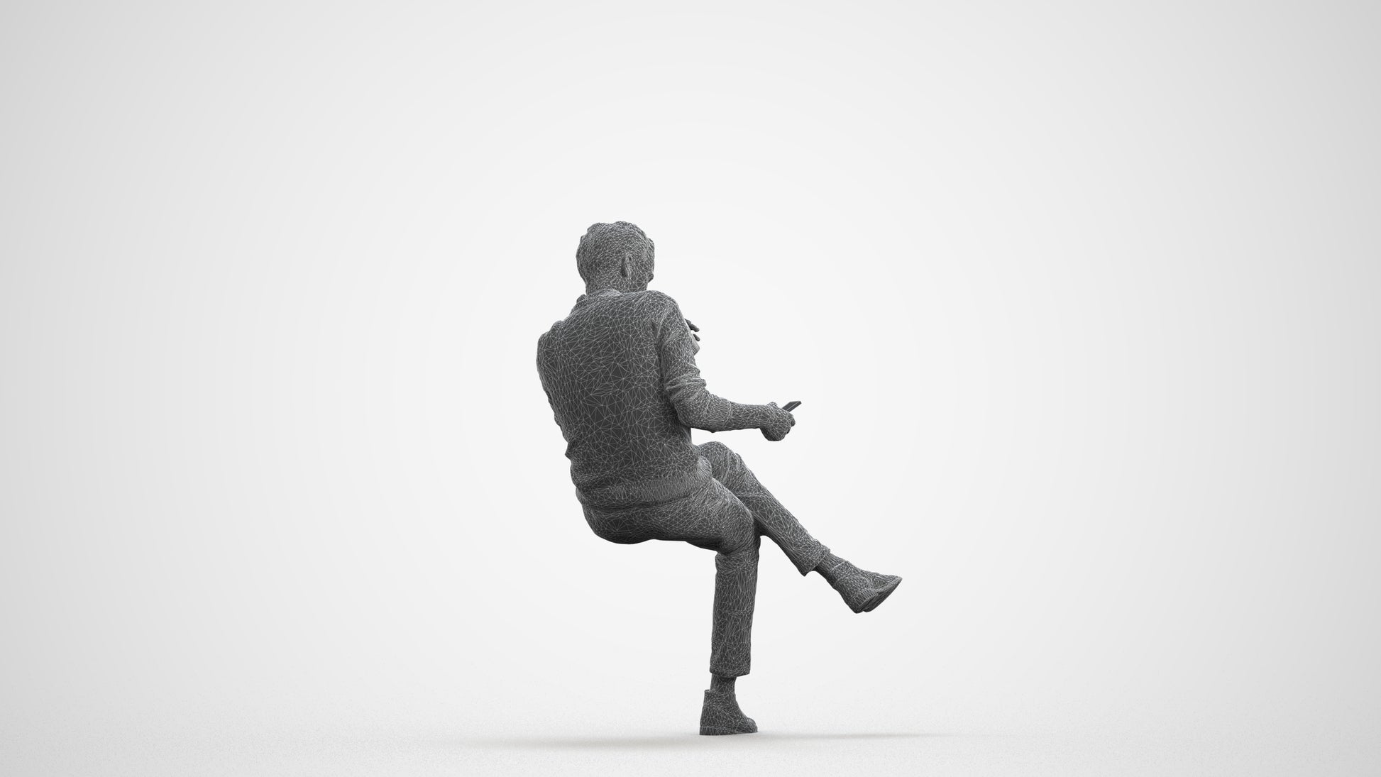 photogrammetry 3D man casual sitting, realistic human model archviz FBX, wireframe front view