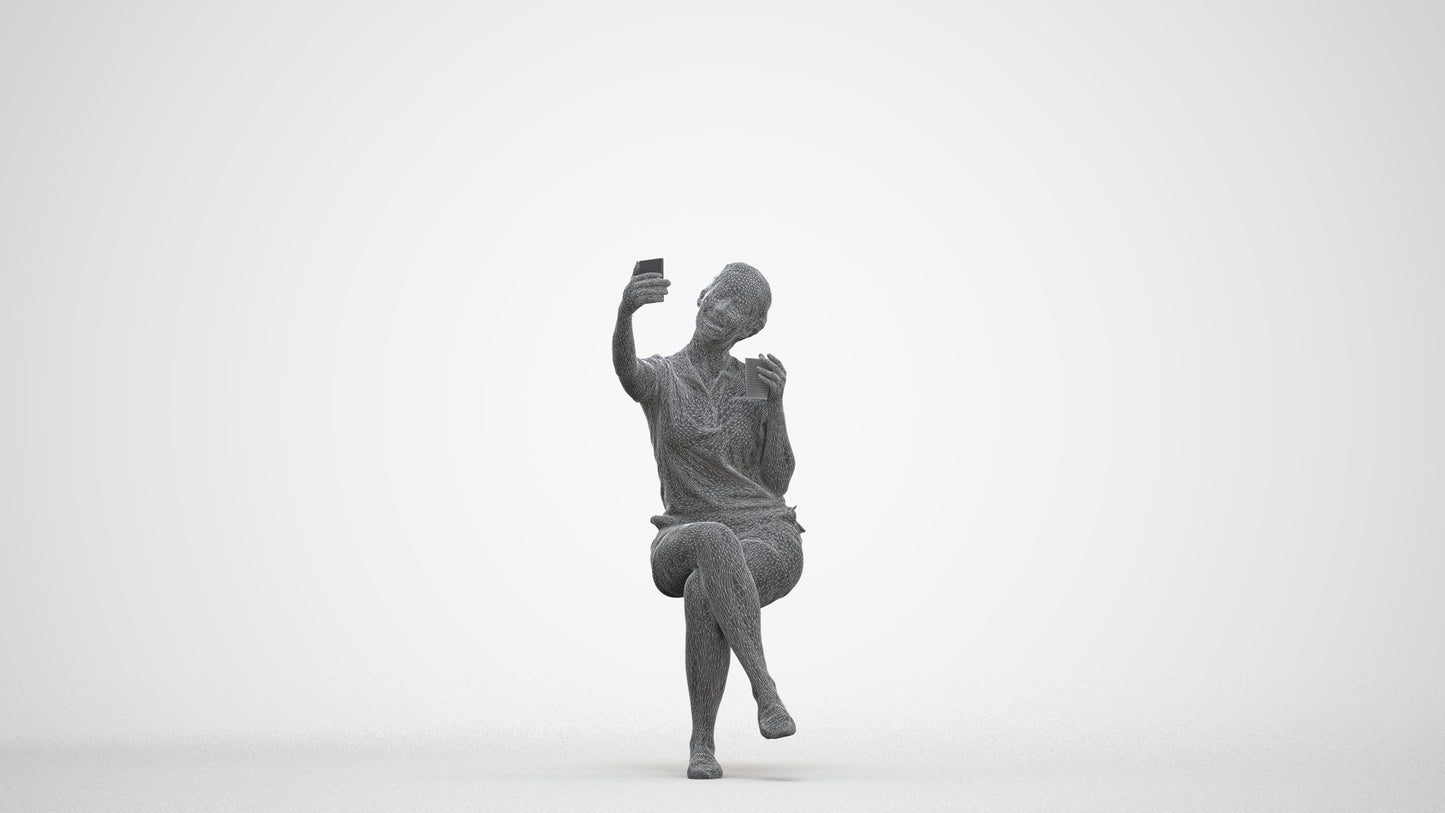 realistic 3D human woman casual sitting, archviz people FBX OBJ for Blender, three-quarter front view render