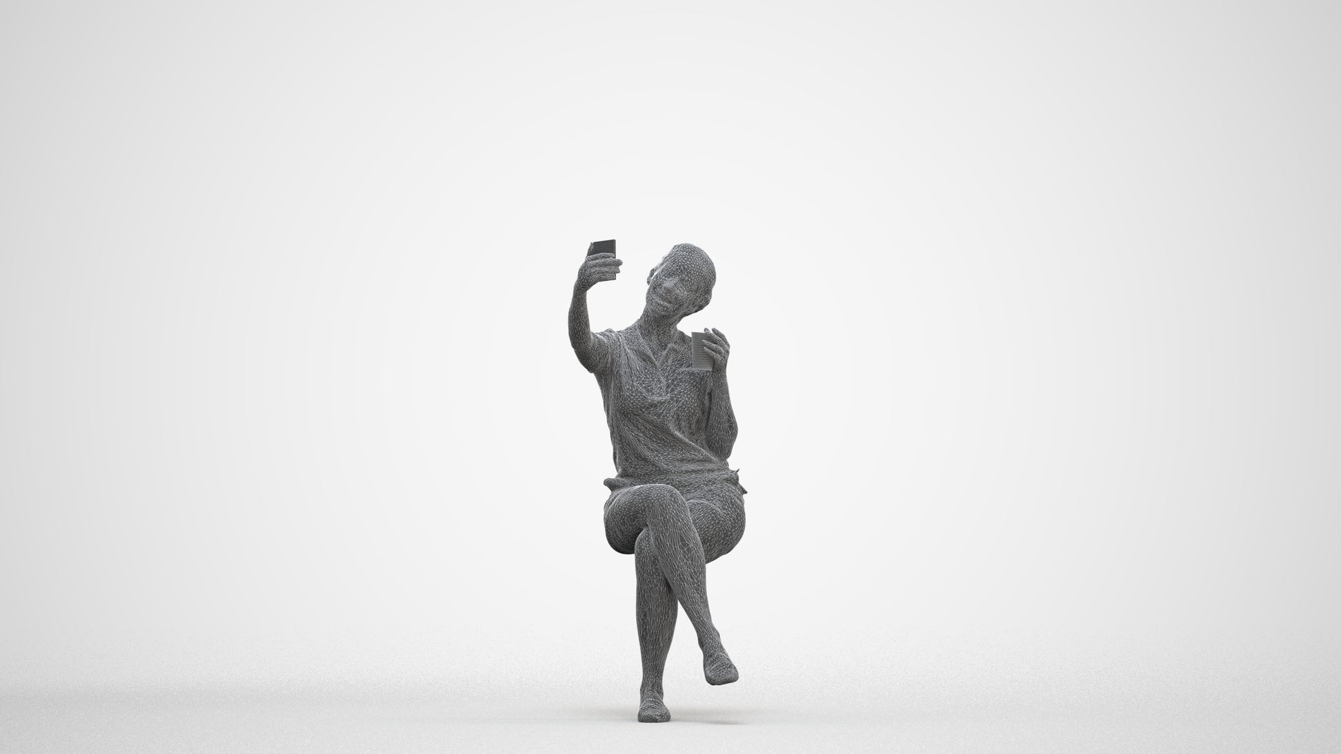 realistic 3D human woman casual sitting, archviz people FBX OBJ for Blender, three-quarter front view render