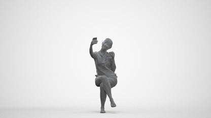 realistic 3D human woman casual sitting, archviz people FBX OBJ for Blender, three-quarter front view render
