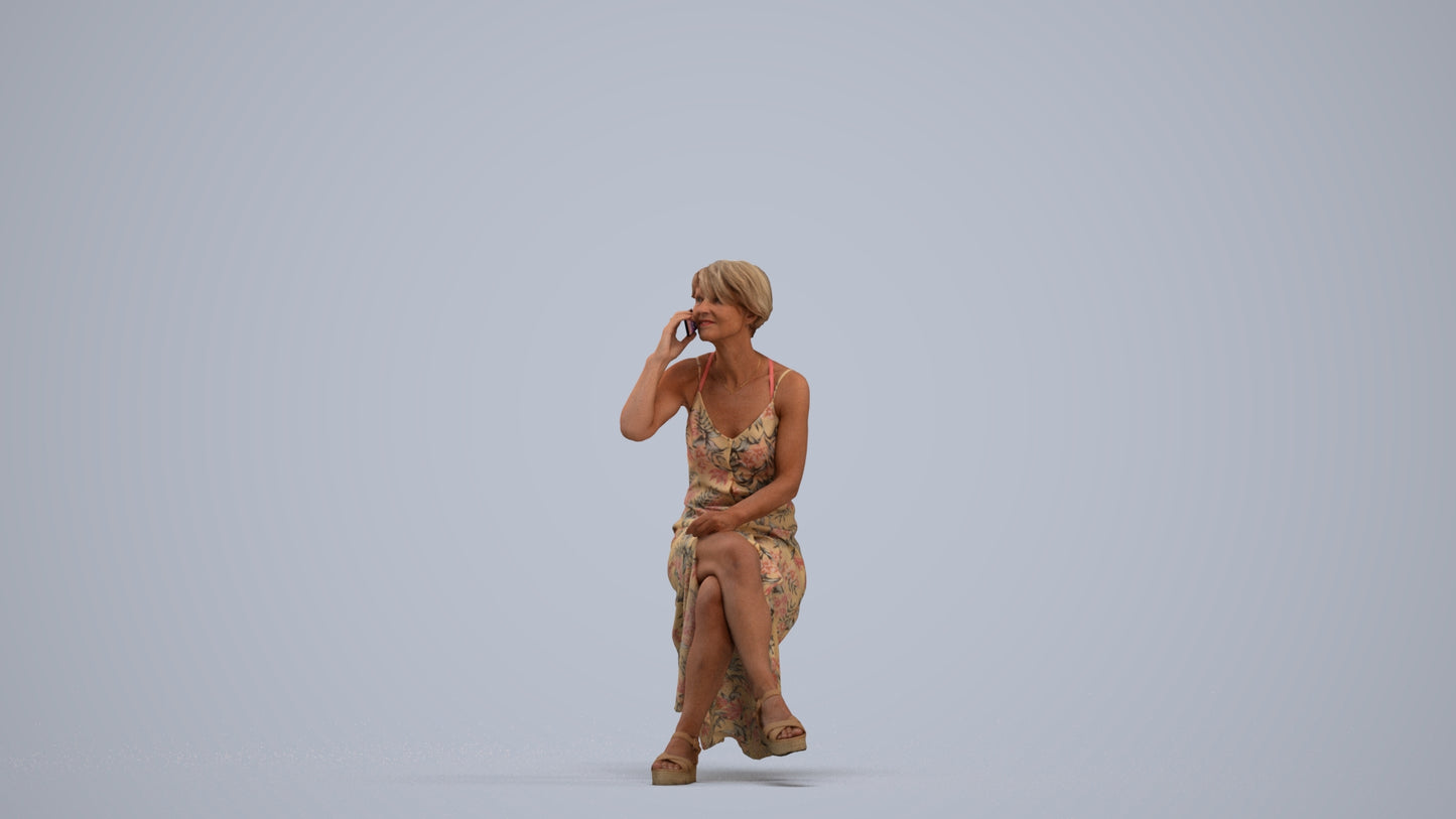 3D scanned senior woman sitting, photorealistic archviz people for Enscape and SketchUp, standing pose render