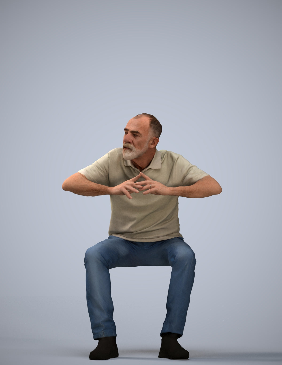 3D people model senior man casual sitting, scanned human for 3ds Max rendering