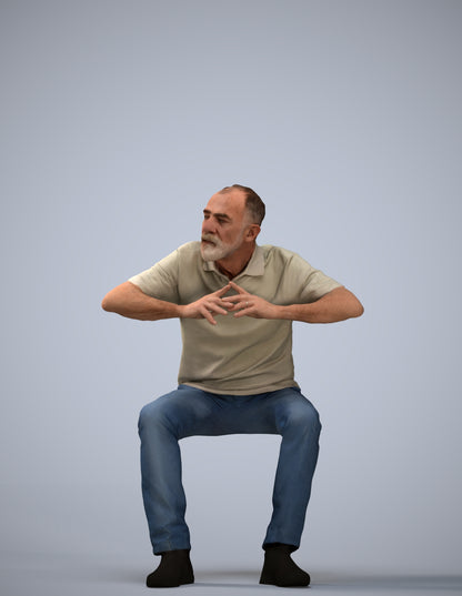3D people model senior man casual sitting, scanned human for 3ds Max rendering