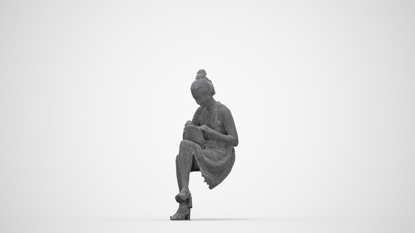 realistic 3D woman formal sitting, scanned archviz people for Blender and 3ds Max, wireframe back view