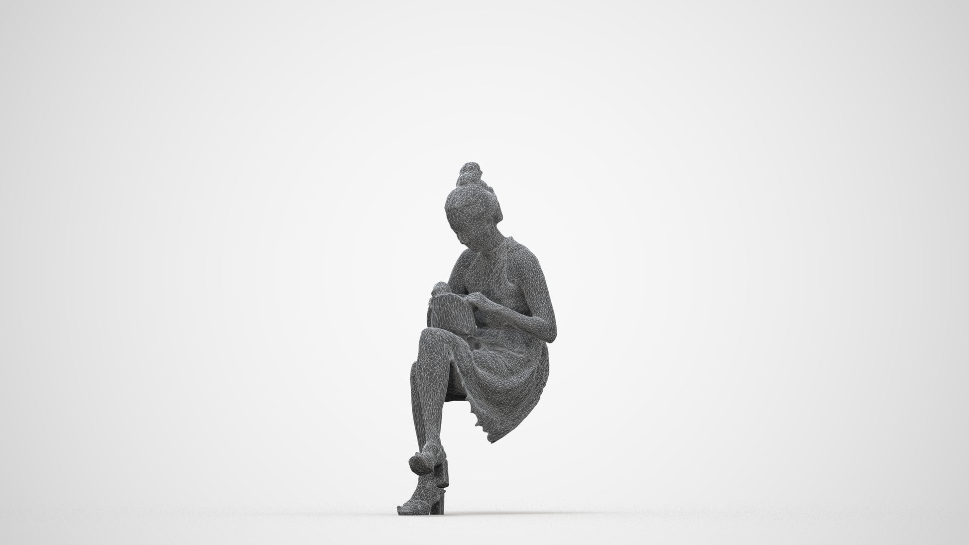 realistic 3D woman formal sitting, scanned archviz people for Blender and 3ds Max, wireframe back view