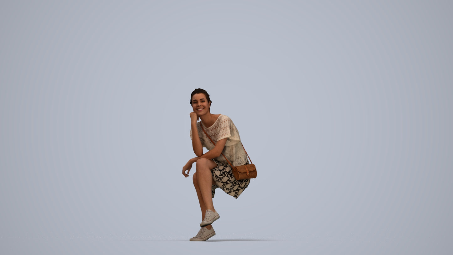 scanned 3D woman casual sitting, photogrammetry people for Enscape and V-Ray, top-down view render