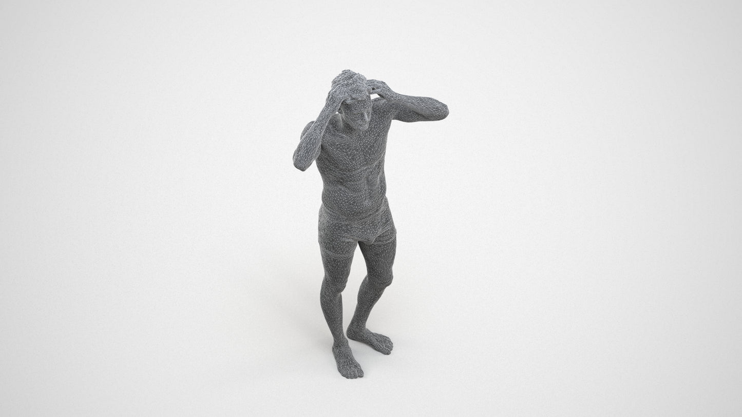 scanned 3D man bathroom, photogrammetry people for Enscape and V-Ray, wireframe three-quarter view