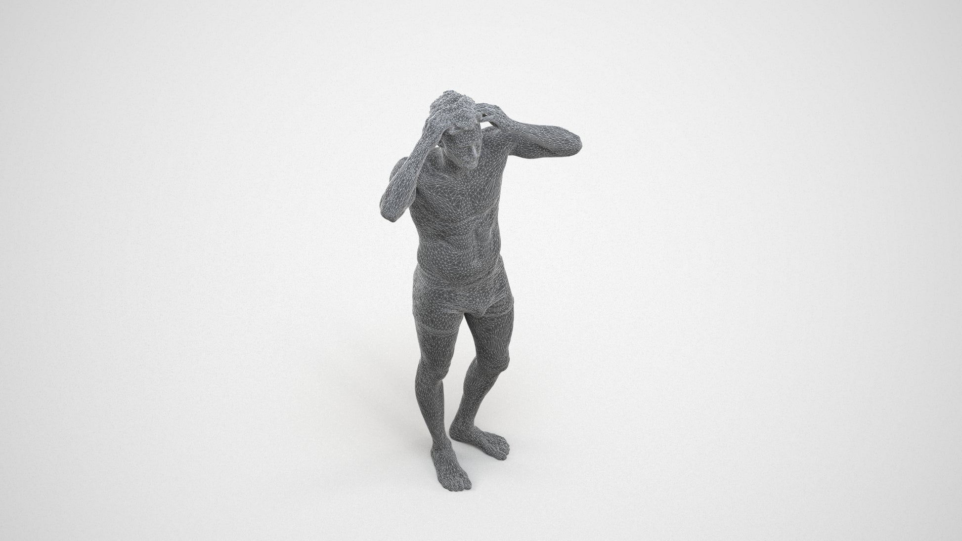 scanned 3D man bathroom, photogrammetry people for Enscape and V-Ray, wireframe three-quarter view