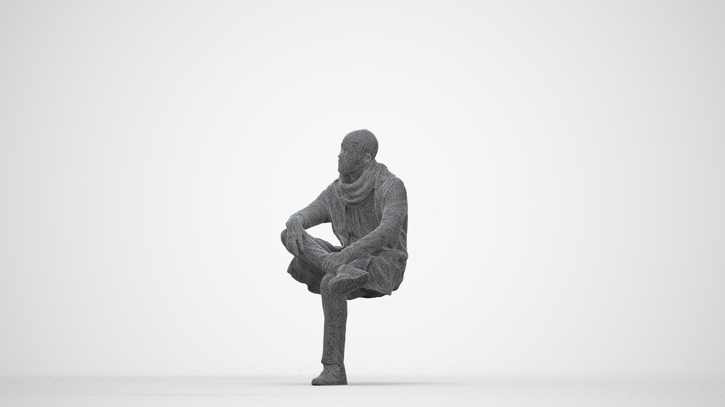 3D people model man casual sitting, scanned human for 3ds Max rendering, wireframe back view