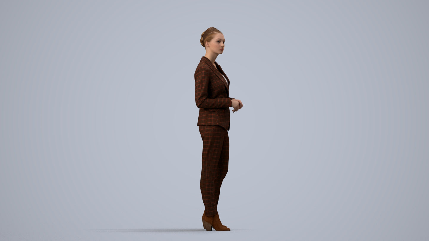 realistic 3D human woman business standing, archviz people FBX OBJ for Blender, side view render