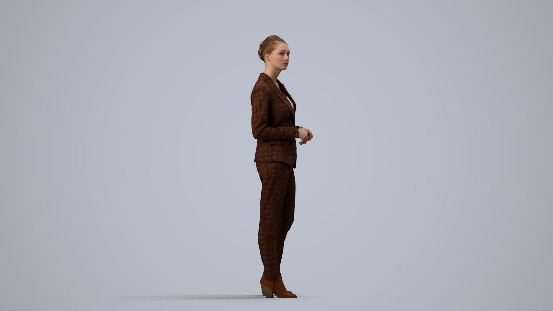realistic 3D human woman business standing, archviz people FBX OBJ for Blender, side view render
