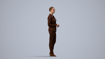 realistic 3D human woman business standing, archviz people FBX OBJ for Blender, side view render