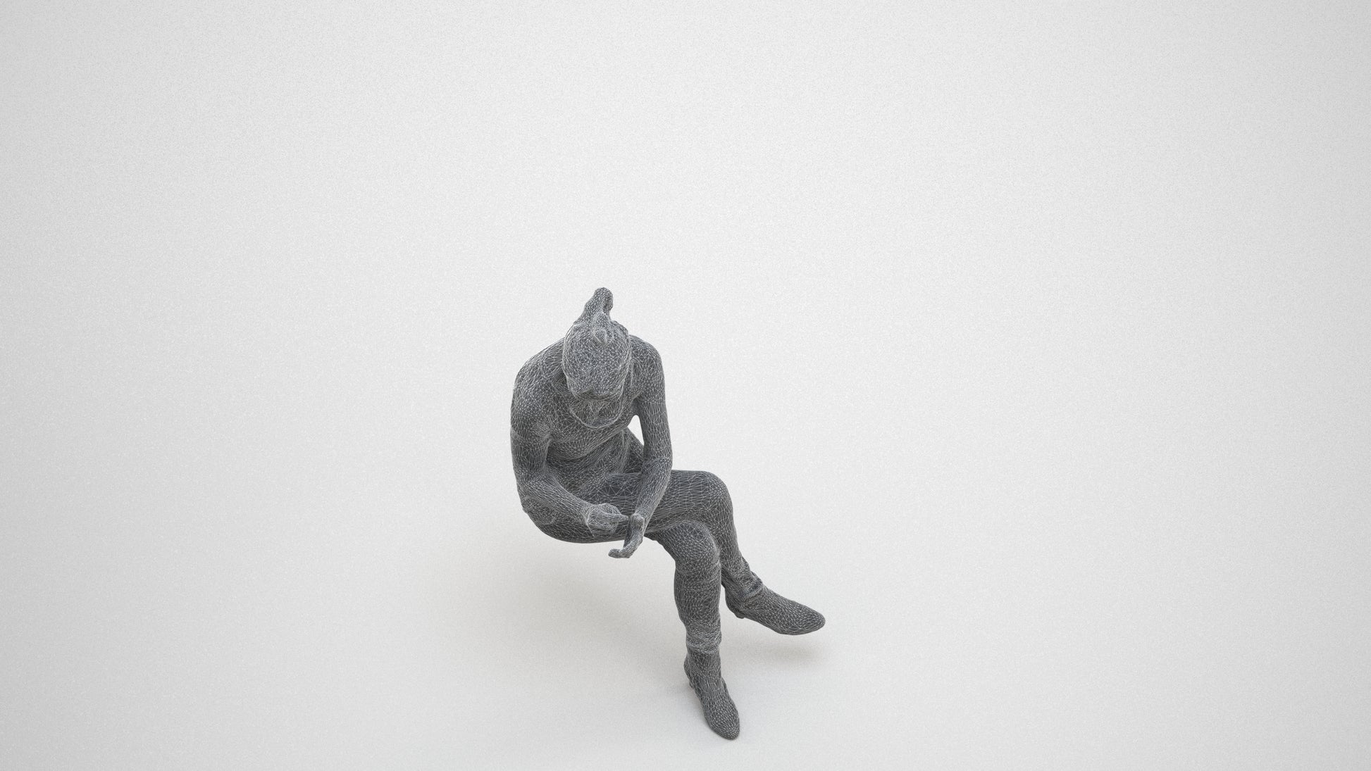3D people model senior woman casual sitting, scanned human for 3ds Max rendering, wireframe three-quarter view
