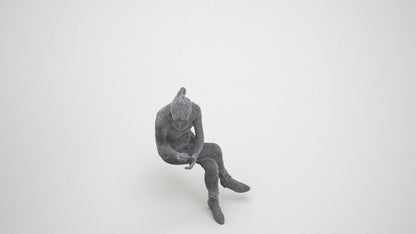 3D people model senior woman casual sitting, scanned human for 3ds Max rendering, wireframe three-quarter view