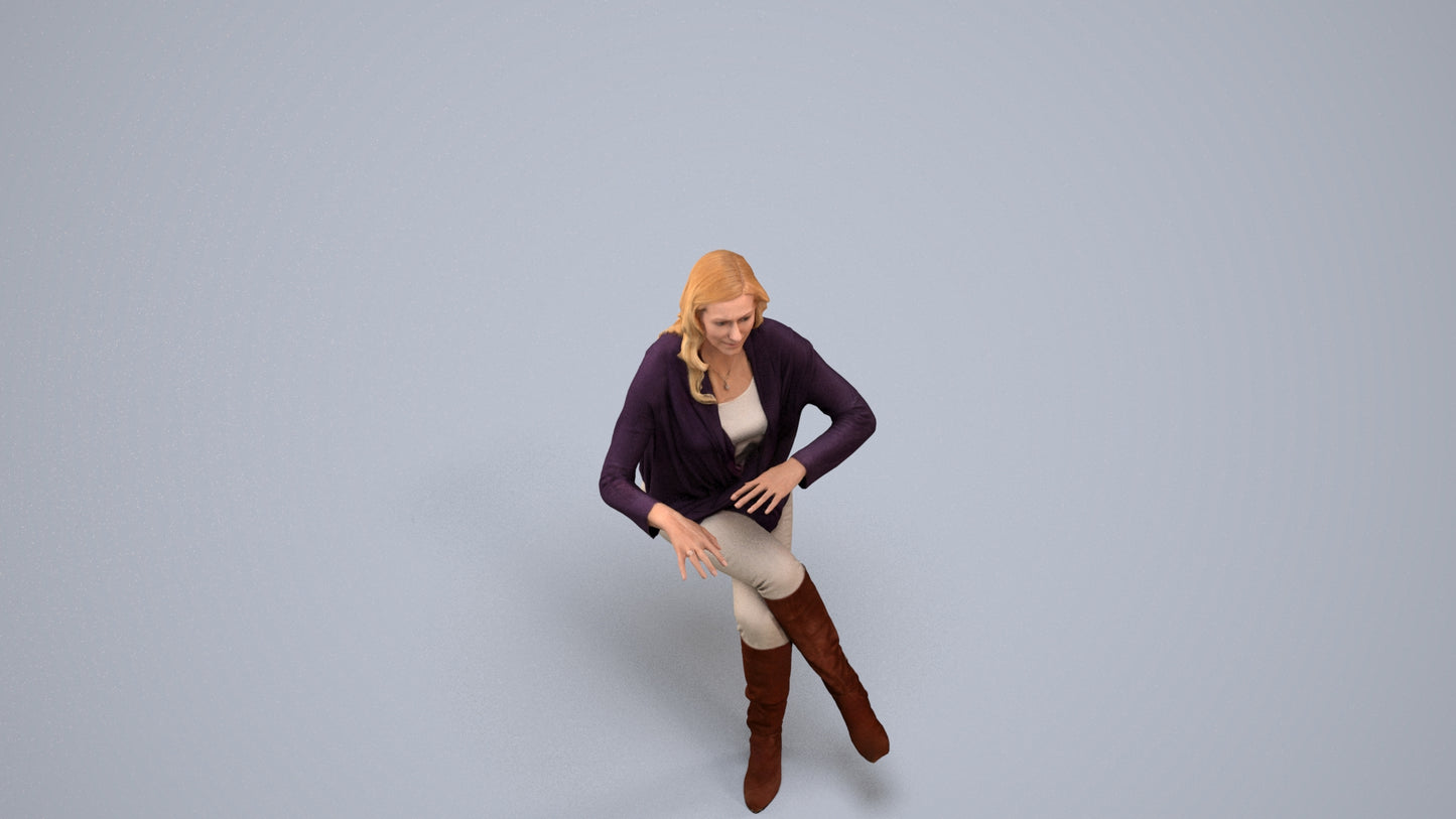 realistic 3D human woman casual sitting, archviz people FBX OBJ for Blender, back view render