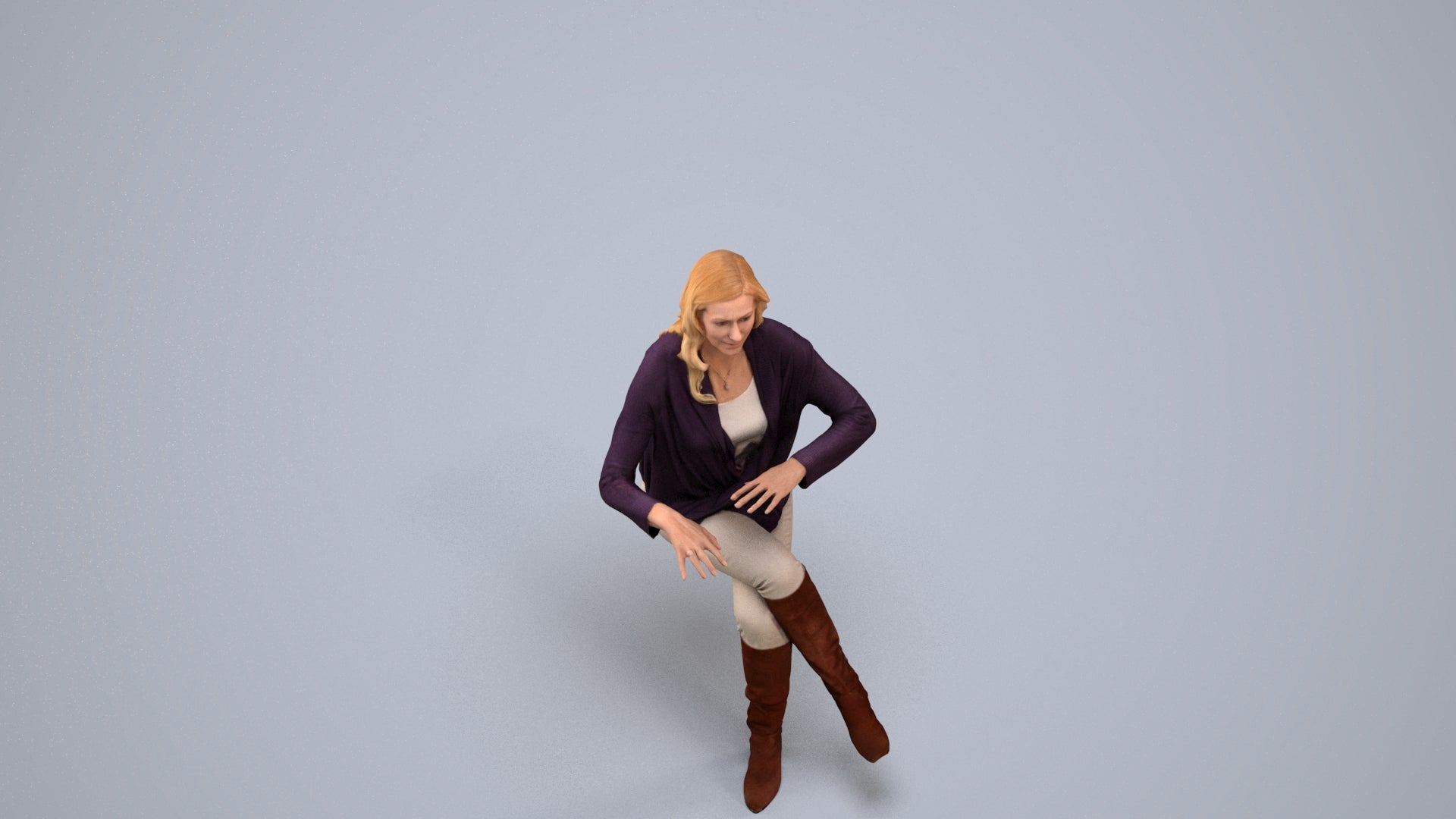 realistic 3D human woman casual sitting, archviz people FBX OBJ for Blender, back view render