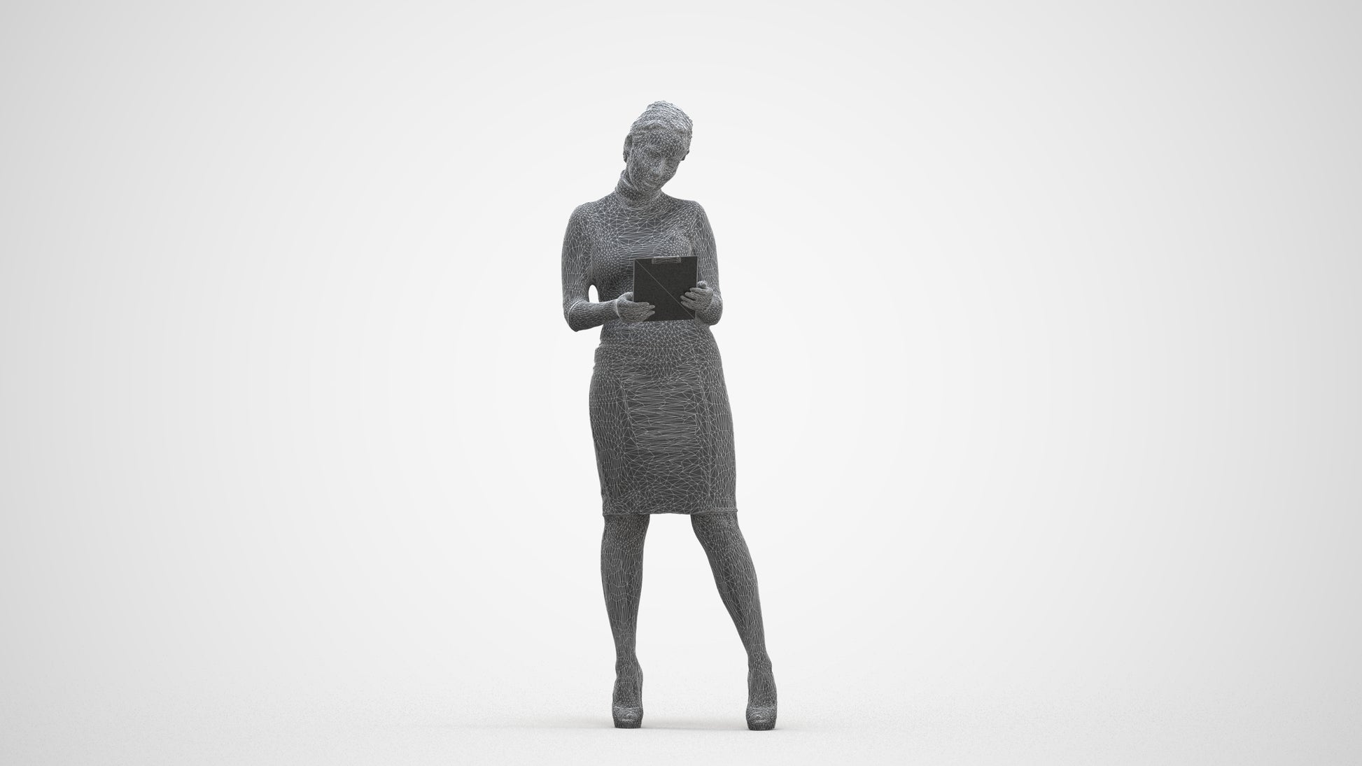 3D scanned woman standing business, photorealistic archviz people for Enscape and SketchUp, three-quarter front view render