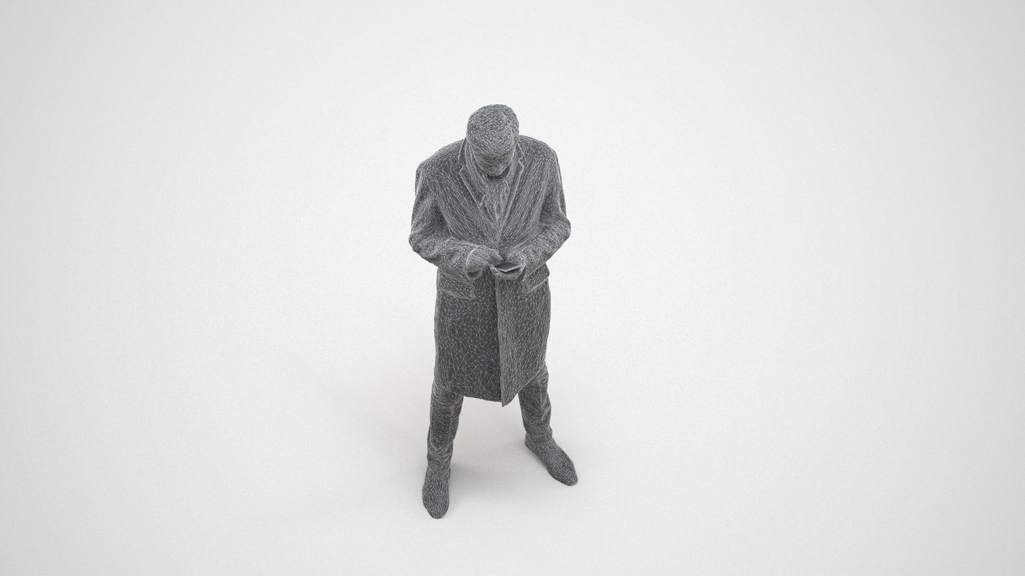 photogrammetry 3D man standing, realistic human model archviz FBX, wireframe three-quarter view