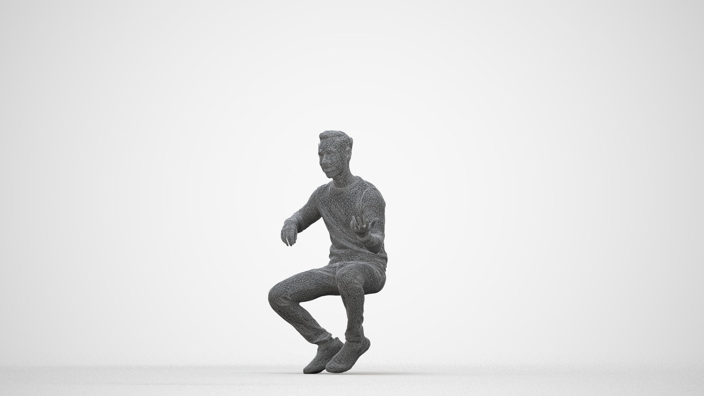 3D people model man casual sitting, scanned human for 3ds Max rendering, wireframe back view