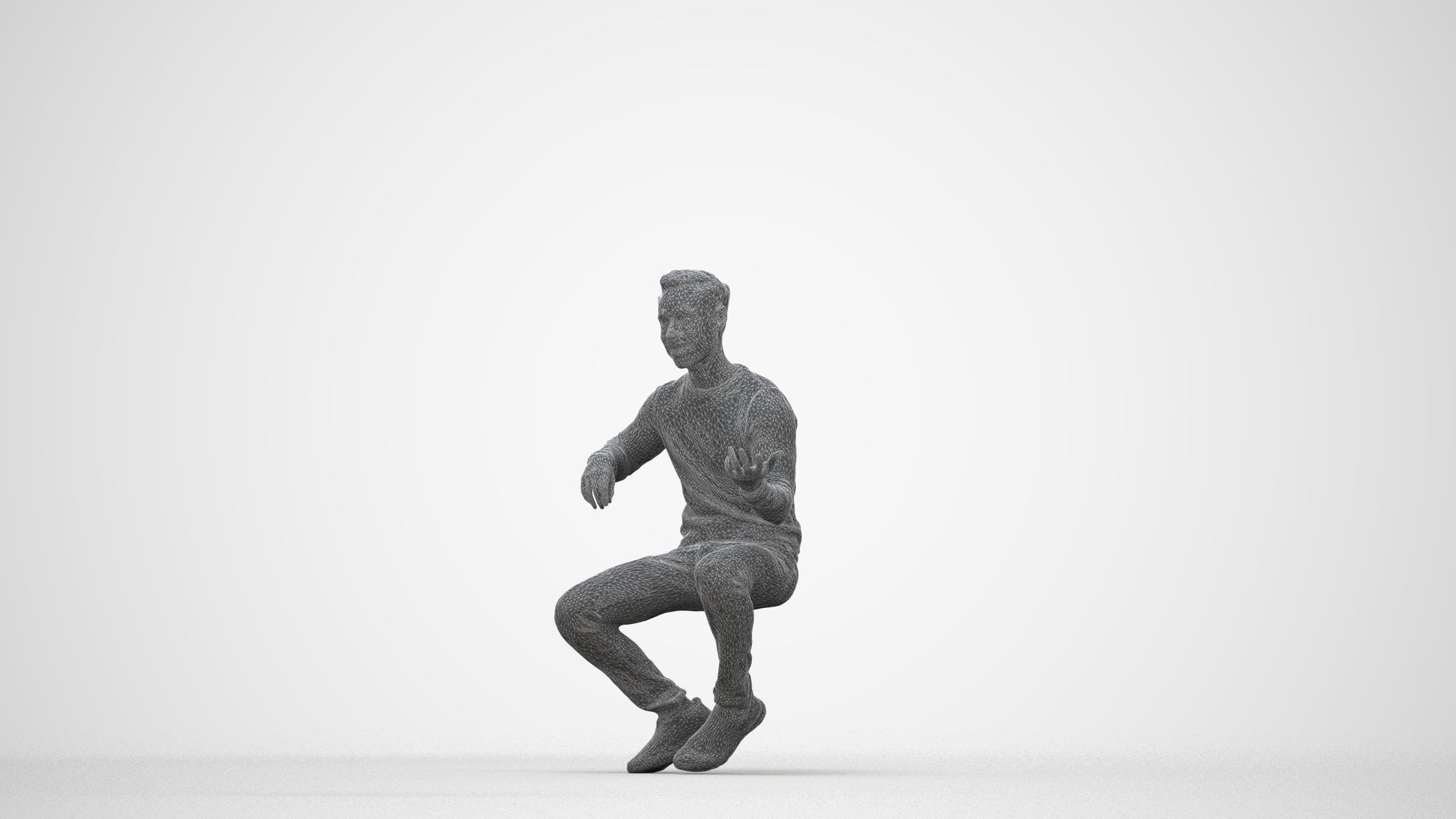 3D people model man casual sitting, scanned human for 3ds Max rendering, wireframe back view