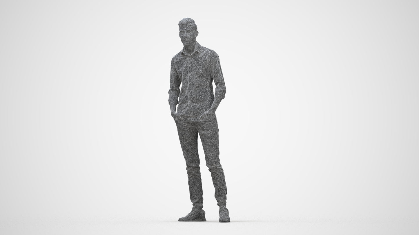 scanned 3D man casual standing, photogrammetry people for Enscape and V-Ray, wireframe back view