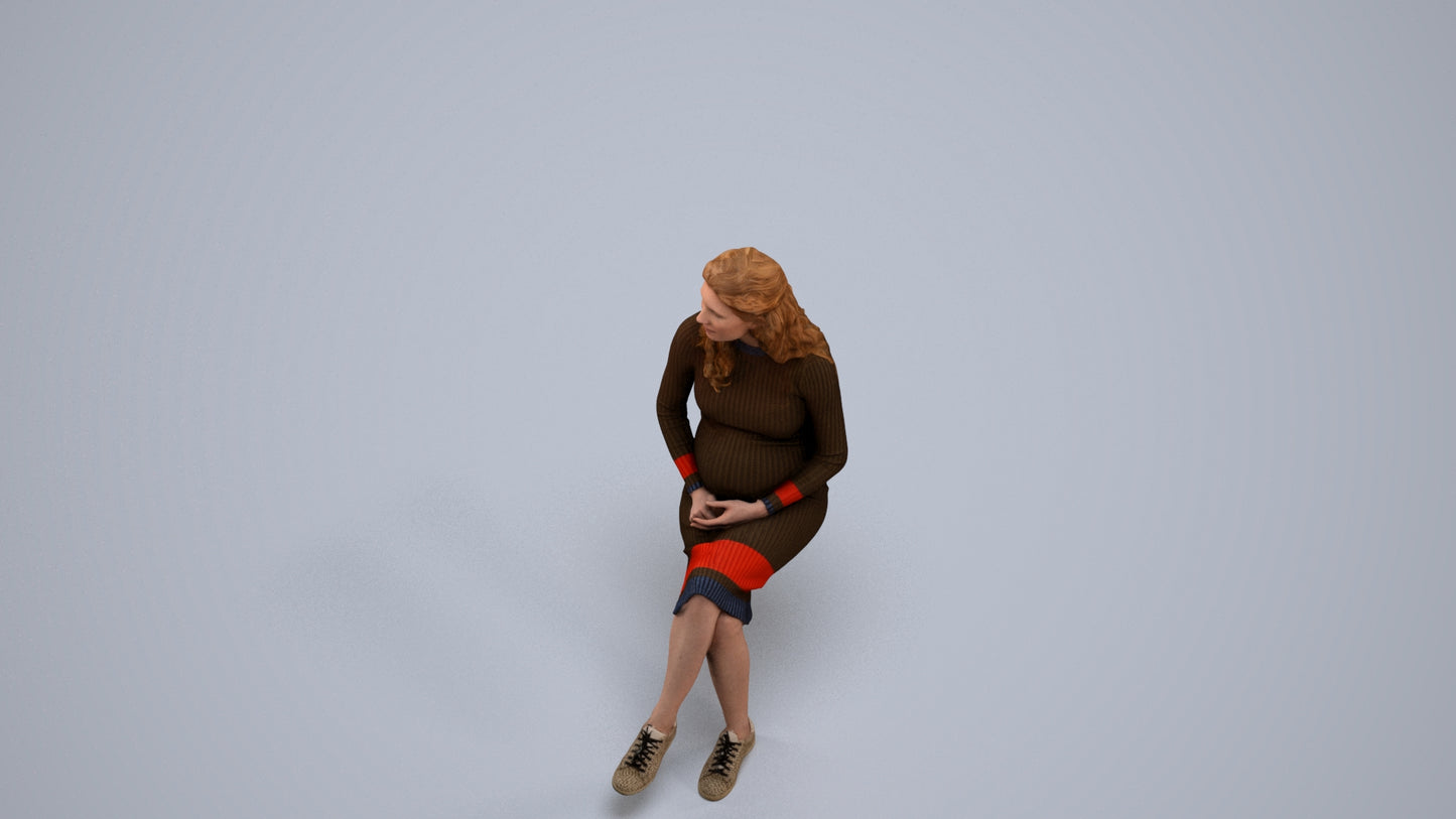 3D human model woman casual sitting, photogrammetry scanned person for archviz, back view render