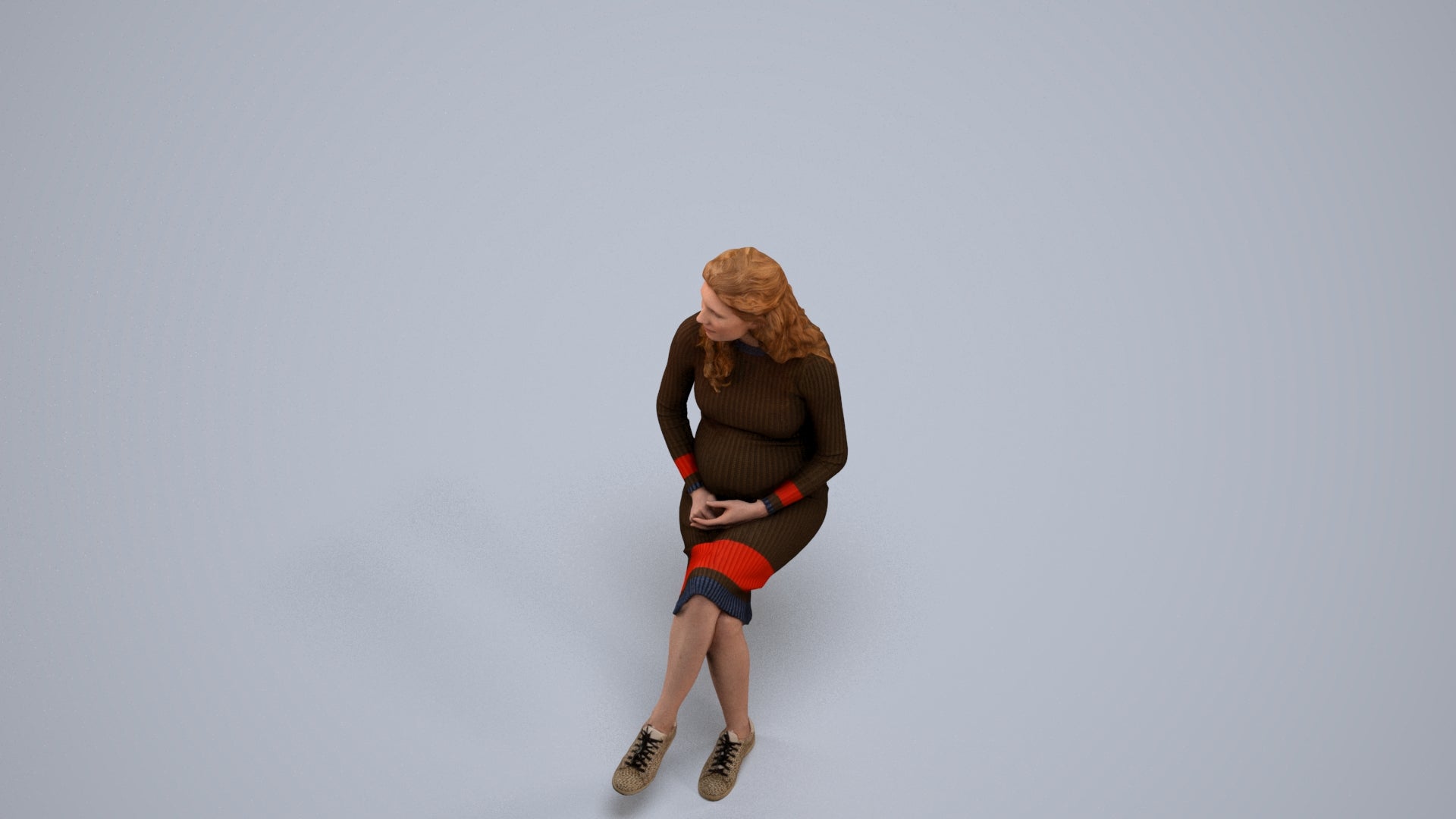 3D human model woman casual sitting, photogrammetry scanned person for archviz, back view render
