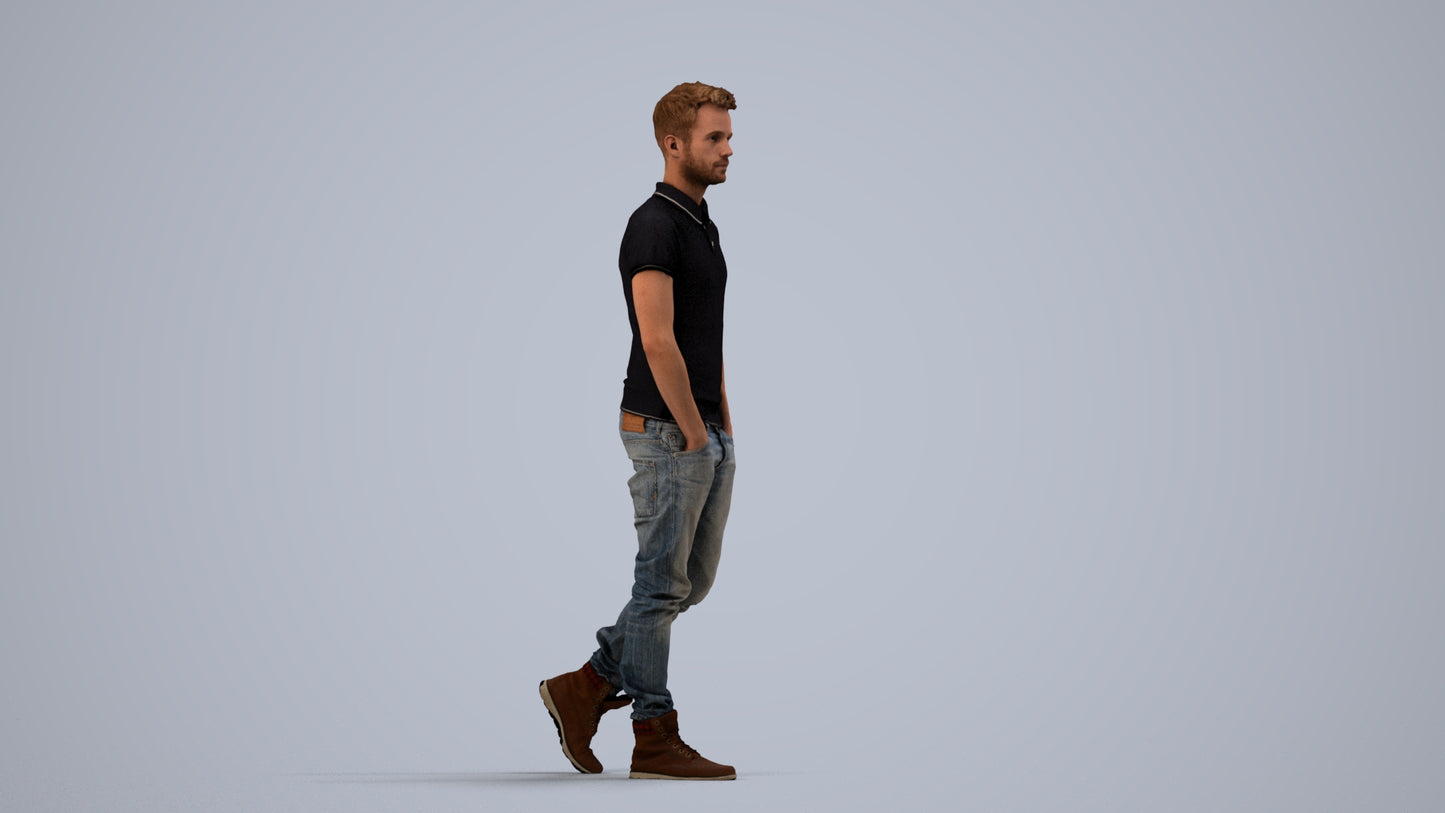 3D people model man casual walking, scanned human for 3ds Max rendering, side view render