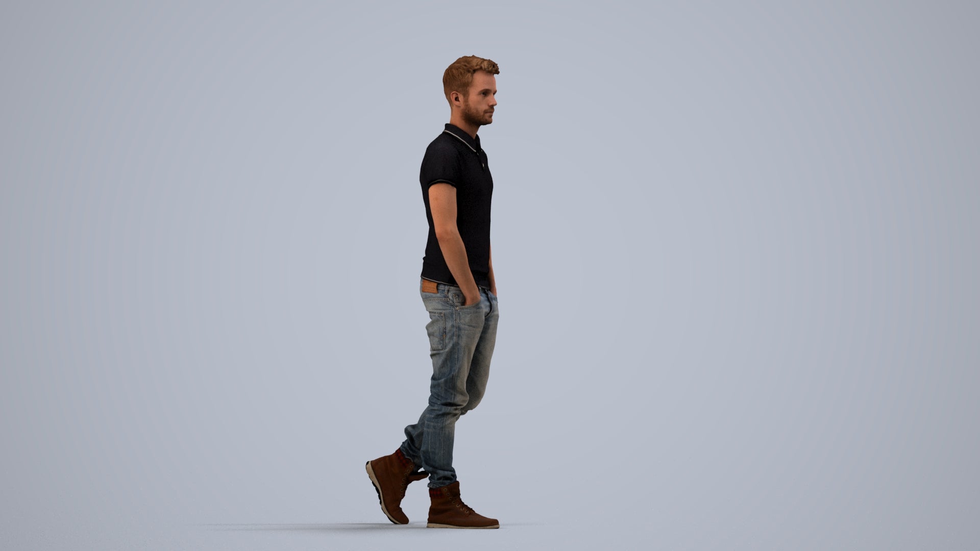 3D people model man casual walking, scanned human for 3ds Max rendering, side view render