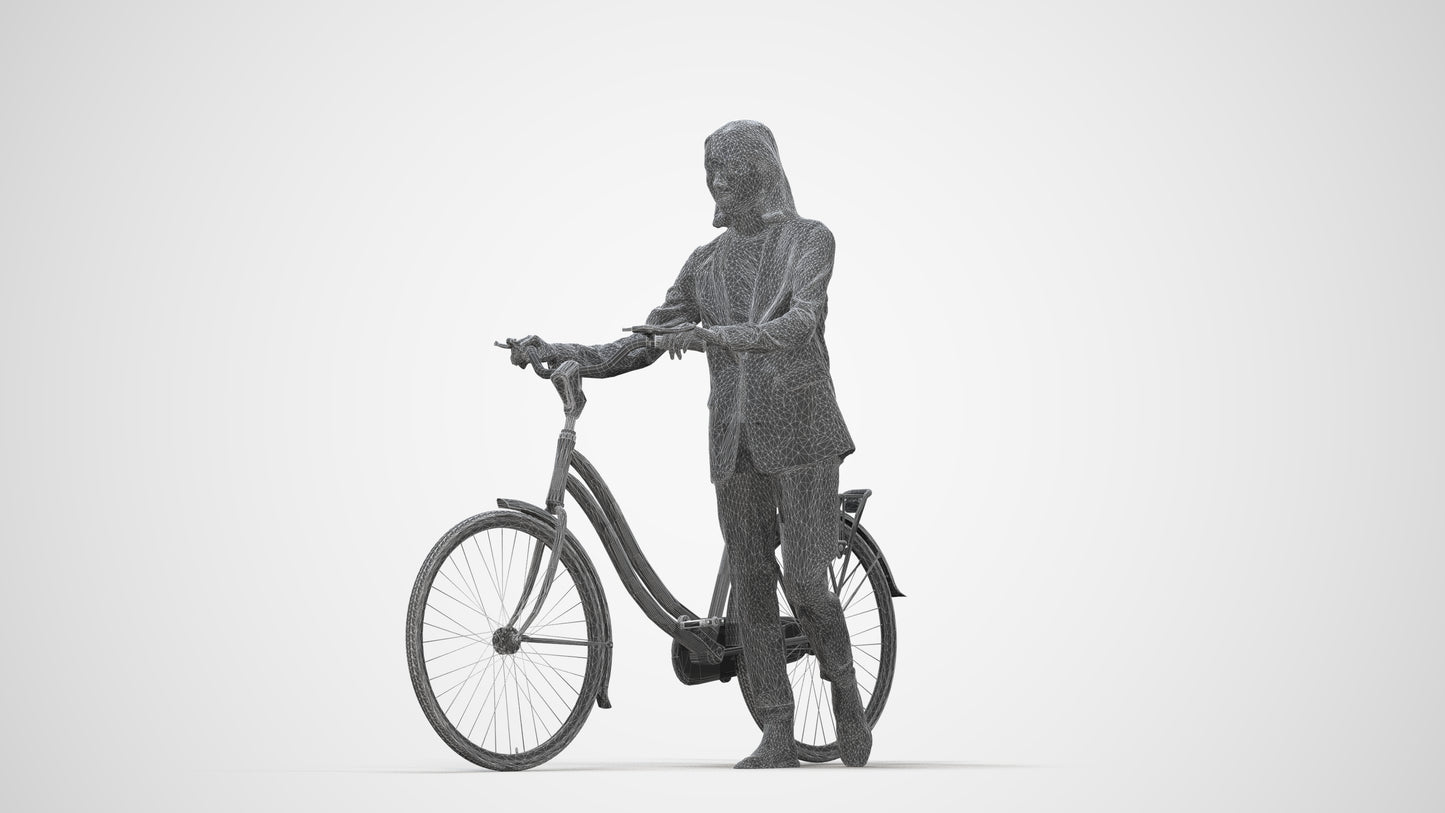 realistic 3D woman business cycling, scanned archviz people for Blender and 3ds Max, wireframe back view