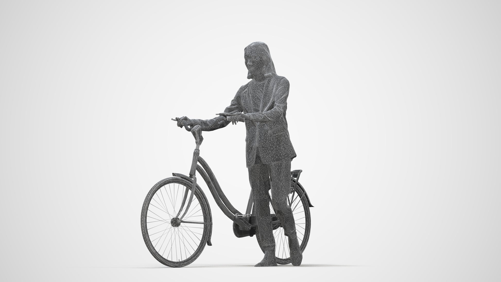 realistic 3D woman business cycling, scanned archviz people for Blender and 3ds Max, wireframe back view